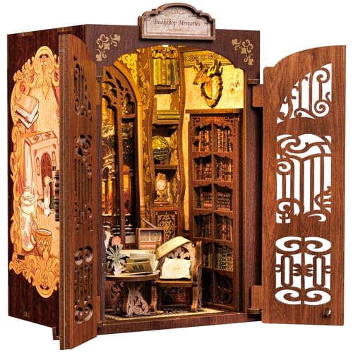 Cutefun Kit de canto de livro com capa anti-pó para bricolage, kit de casa de bonecas em miniatura, suporte de livros de inserção de prateleiras, kit de modelo de canto de livros com móveis e luz