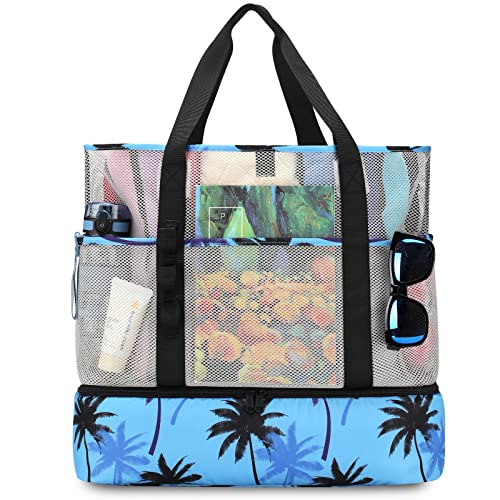 UYLIA Tote Saco de praia de malha grande familiar mulher bonita e duradoura bolsa térmica praia com fecho de correr mala para praia viagem compras campismo férias brinquedos
