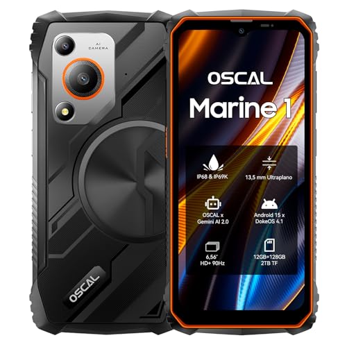 OSCAL Marine 1 telemóvel inquebrável Android 15, 12 GB +128 GB/2TB TF telemóvel resistente 2025, 6,56'' HD+ 90 Hz telemóvel rugerizado, câmara AI, 13,5 mm leve IP68/IP69K/3 Slot. NFC/F. ace ID/OTG/GPS