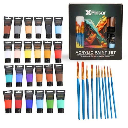 XPintar Kit de pintura acrílica com 34 peças, 24 têmperas para crianças e adultos, com cores vibrantes x 35 ml. Pintar em tela e artesanato 10 pincéis variados. Presente ideal.