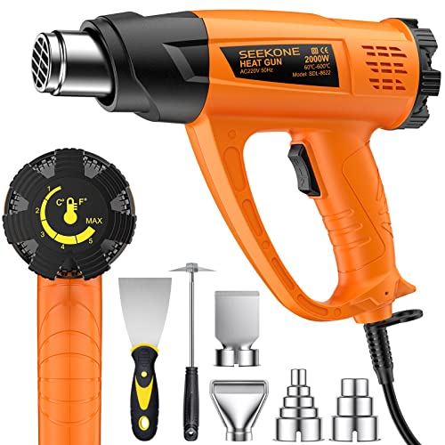 SEEKONE Pistola de ar quente 2000 W, pistola de calor controlo de temperatura variável de 60 °C a 600 °C, decapador com proteção contra sobrecarga, 7 acessórios, para decote, soldar e encolher