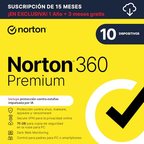 Norton 360 Premium Exclusivo Amazon*|Antivirus 10 Dispositivos|15 meses| Descarga digital