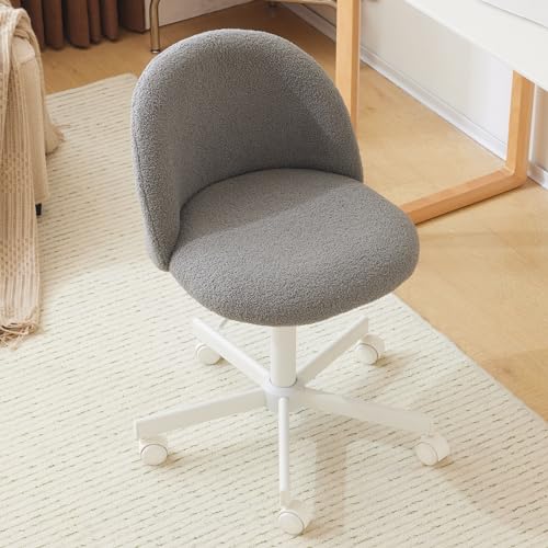 Bonnlo Cadeira de secretária, cadeira de toucador, escritório e toucador, com rodas, altura regulável, cadeira compacta para estúdio, quarto, escritório em casa, tecido Teddy (cinzento)