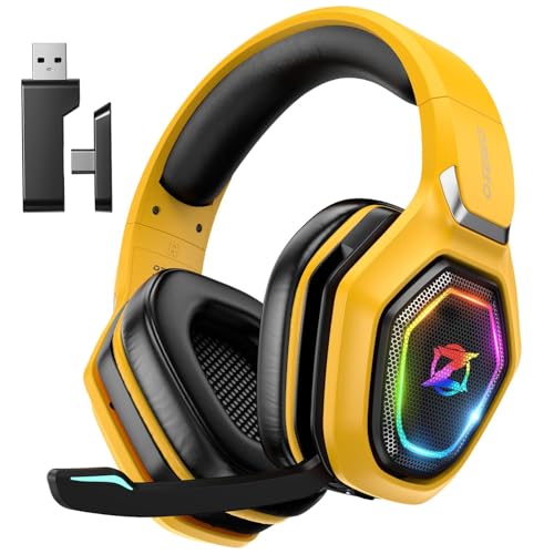 Ozeino Capacetes Gaming sem fios para PC/Ps5/Ps4, auriculares Gaming sem fios de 2,4 GHz sem fios Bluetooth (amarelo)