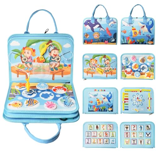 Achiyway 5 camadas Busy Board Montessori 1 ano, placa sensorial Montessori para crianças, brinquedos educativos com jogo de pesca e quebra-cabeças para habilidades motoras finas, presente para