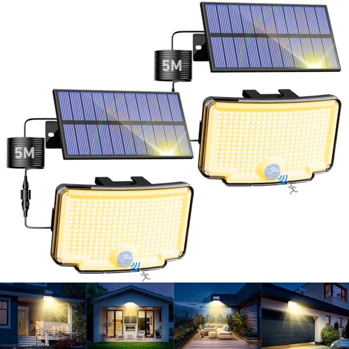 nipify Focos LED exteriores solares, luz solar com sensor de movimento, 318 LEDs/3 modos, impermeável potente candeeiro solar luzes solares LED exterior jardim para jardim, garagens, 2 embalagens