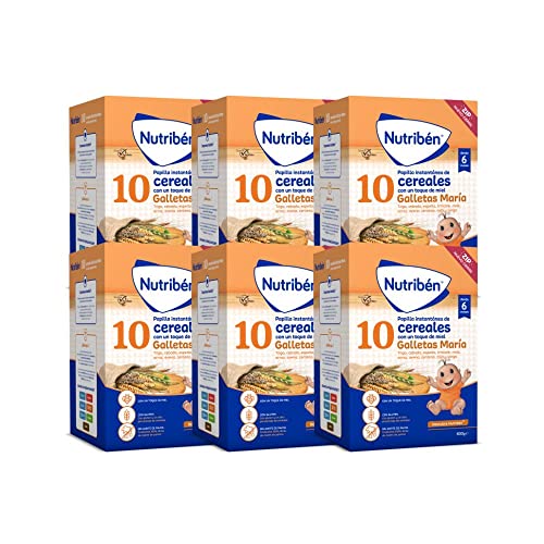Nutribén 10 cereais com um toque de mel e bolachas, Maria, 3600 g, vitaminas e cálcio, alimentos para bebés a partir de 6 meses, com lúten, sem óleo de palma, pack 6 unidades de 600 g