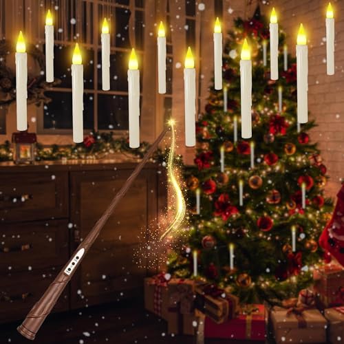 SLVCREK Velas LED flutuantes decoração natalícia, 12 correntes de velas mágicas para pendurar com varinha à distância, velas LED sem chama, velas a pilhas para casa, igreja, festa, decoração de Natal