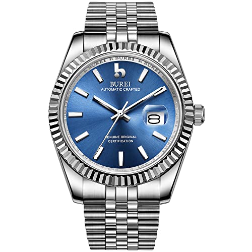 BUREI Relógios automáticos para homem com janela de data, lente de safira sintética e pulseira de aço inoxidável