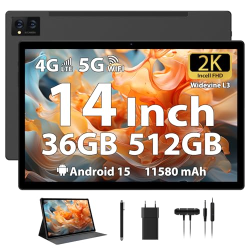 LEVIRTU Tablet 14 polegadas Android 15 Tablet 2K FHD 36GB+512GB/TF 2TB, Octa-Core, 11580 mAh, Dual SIM 4G LTE+5GWiFi, 4 altifalantes / GPS/13MP câmera/BT5.0 capa Pé, N. Preto