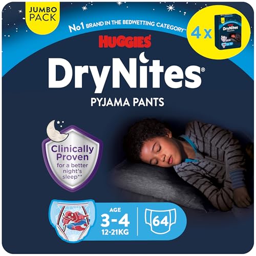 Huggies DryNites Fraldas de noite para crianças de 3 a 4 (16 a 23 kg), testadas clinicamente com 5 camadas de máxima proteção noturna, 4 pacotes de 16, total 64 cuecas absorventes