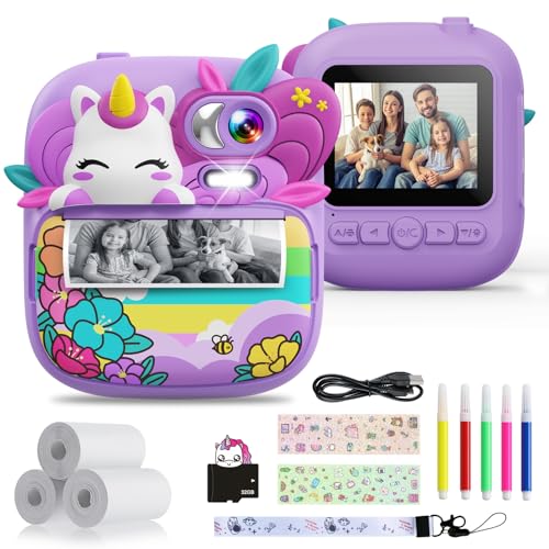 TIATUA Câmara com fotos infantis instantâneas, 2,4" HD 1080P câmara instantânea para crianças com cartão de 32 G canetas coloridas e papel de impressão, presente para crianças dos 3 aos 12 anos