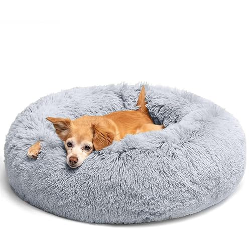 LUOJINYI Cama macia para cães e gatos, redonda, lavável com base antiderrapante, para raças grandes, médias e pequenas, 50 cm, cinzento claro