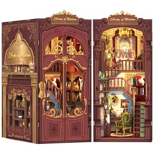 Fsolis DIY Book Nook, Casa de bonecas com de e luzes LED, kit de inserção de prateleiras de casa de livros, kit de modelo de casa de livros de arquitetura para adultos (Library of Wisdom)