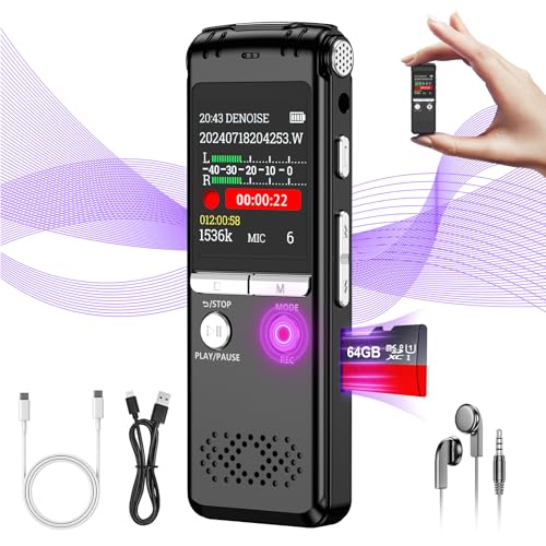 Gravador de voz digital de 64 GB, gravação de 1536 Kbps com um só toque, gravador de ditador com reprodução, cancelamento de ruído, gravador de áudio para conferências/entrevistas/aulas