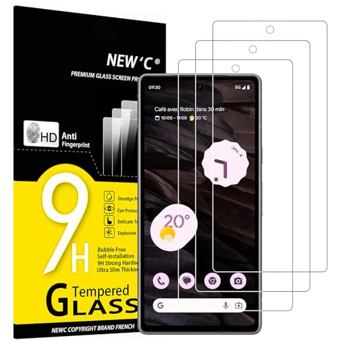 NEW'C 3 peças, protetor de ecrã para Google Pixel 7a, vidro temperado, sem bolhas, dureza de 9H, 0,33 mm ultra transparente, ultra resistente