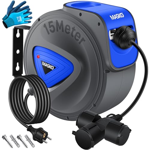 MASKO® Cabo de extensão automático de 15 m com conexão de 3 vias, giratório de 180°, cabo de alimentação de 1,5 m, suporte de parede, enrolador de cabos, enrolador de cabos, inclui luvas