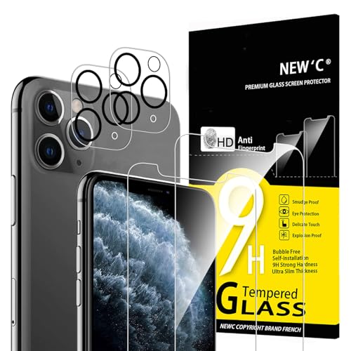 NEW'C 4 pacotes, 2 x protetor de ecrã para iPhone 11 Pro e 2 x protetor de ecrã protetor de lente de câmara - vidro temperado - anti-riscos, ultra resistente - vidro dureza 9H