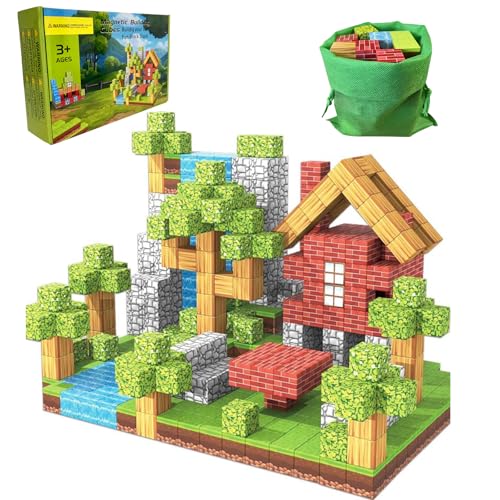 Blocos de construção magnéticos cubos magnéticos - 100 peças magnéticos para meninos e meninas Mine Magnet World Toys a partir de 4 anos menino e blocos de construção magn (floresta)