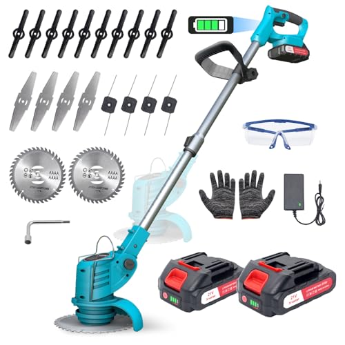 Desboçador de bateria, desboçadores com 2 x 1500 mAh, máquina de cortar relvas sem fios com 4 tipos de lâminas, 9 000 RPM e motor, cabo telescópico 71 - 106 cm
