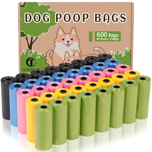 AiTodos 600 peças Sacos de cachoeira para cão, 5 cores, adequado para sair de casa, sacos de excrementos para cães-31 * 22 cm, material de polietileno, portátil - preto, azul, rosa, amarelo, verde (40