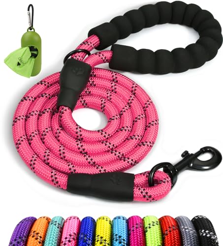 Taglory Trela de cão, trela forte de cão para cães grandes com cabo acolchoado macio e fios refletores, 1,8 m x 1,2 cm, rosa