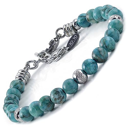 10:10 Pulseira com pedras turquesas de 6 mm, contas de aço inoxidável, pulseira muito resistente fabricada em Itália, 21 cm, pedra