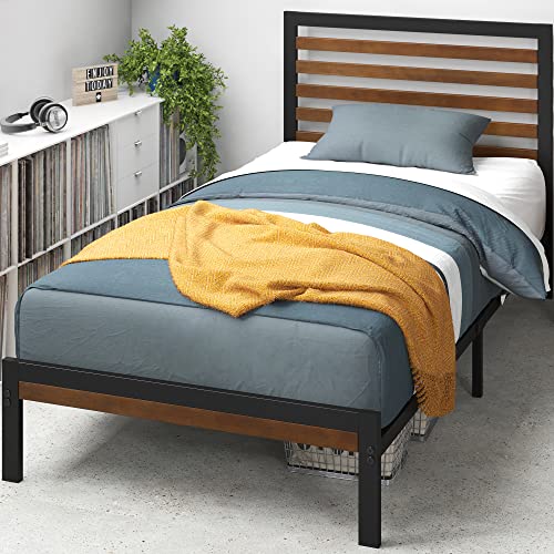 Zinus Kai cama 90 x 190 cm - altura 23 cm - estrutura da cama de plataforma de bambu e metal com cabeceira e suporte de fitas de aço - castanho e preto