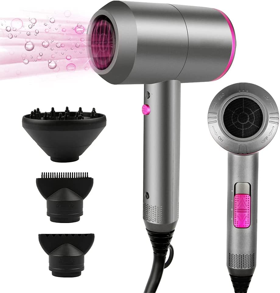 CASAMAA Secador de cabelo iónico, secador de cabelo íons profissional Hair Dryer motor AC motor rápido, 3 temperaturas, 2 velocidades, difusor e concentrador (cinzento)