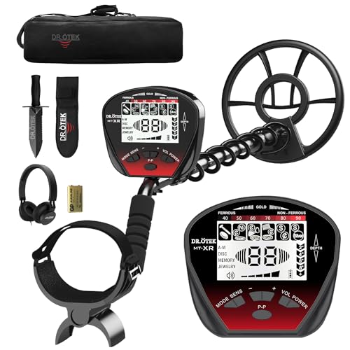 DR.ÖTEK Detector de metais profissional, detetor de ouro para adultos e crianças, metal detector portátil, Pinpoint, modo de memória, bobina impermeável, maior precisão, com pá e bolsa de transporte