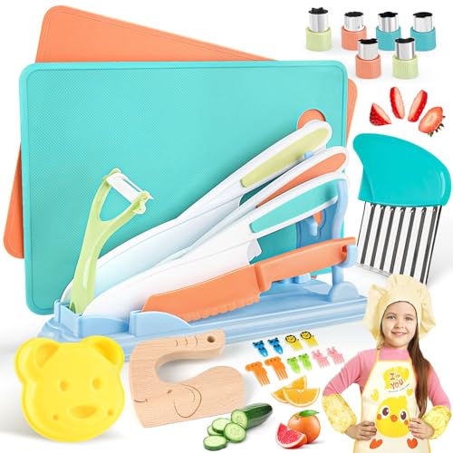 Dreamon Conjunto de facas de cozinha para crianças, utensílios de cozinha Montessori faca crianças inclui faca de madeira tábua de cortar descascador curta frutas ou legumes para meninos e meninas