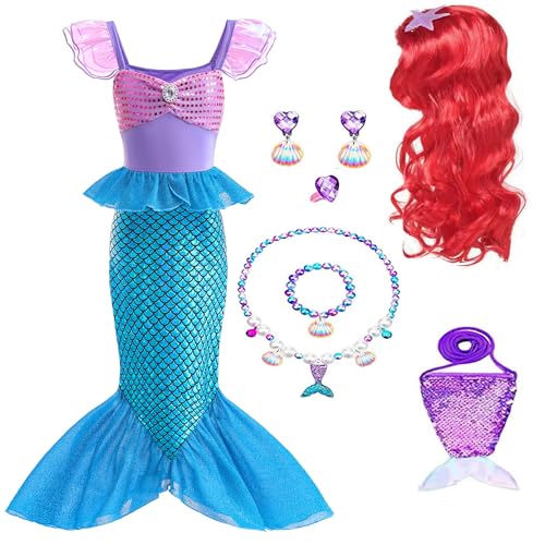 AODOKAT Disfarce vestido sereia menina princesa Ariel sereia com peruca de cabelo para aniversário carnaval Halloween com acessórios 4 a 12 anos