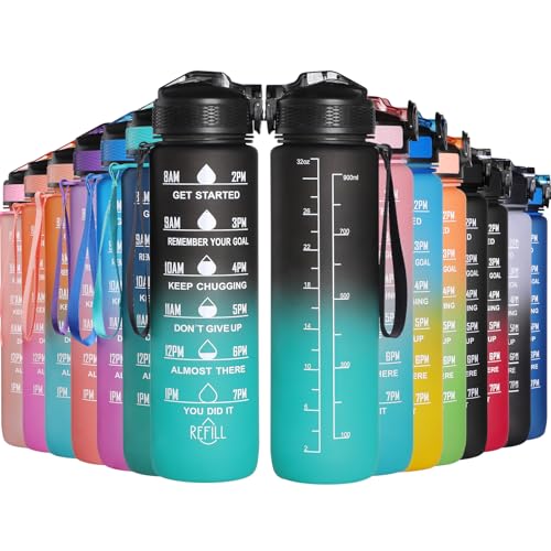 GeeRic Garrafa de água 1 l, garrafa desportiva portátil de 1 litro com escala/filtro / indicador de tempo garrafa de bicicleta para ginásio, escola, desportos, ciclismo