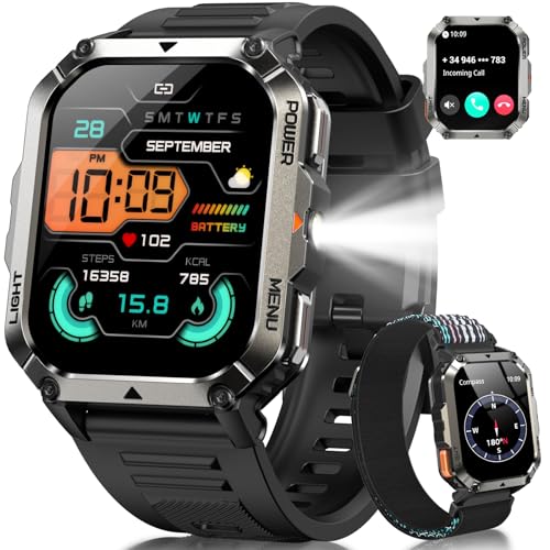 IOWODO Relógio inteligente para homem, 2,01" militar Smartwatch com chamadas Bluetooth, bateria de 20 dias, lanterna LED, bússola, 123 modos de desporto, 24 h pulso / SpO2/sonho, IP68, 2 correias (iOS