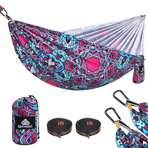 NATUREFUN Rede ultraleve para campismo (275 x 140 cm), Capacidade de carga 300 kg, respirável e de secagem rápida, rede, 2 ferro mosquetões, 2 lingas incluídas, interior exterior e jardim