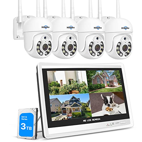 Hiseeu 5MP Kit de 4 câmaras de vigilância Wi-Fi, sistema sem fios com monitor de 12 polegadas, detecção de movimento, visão noturna colorida, áudio bidirecional