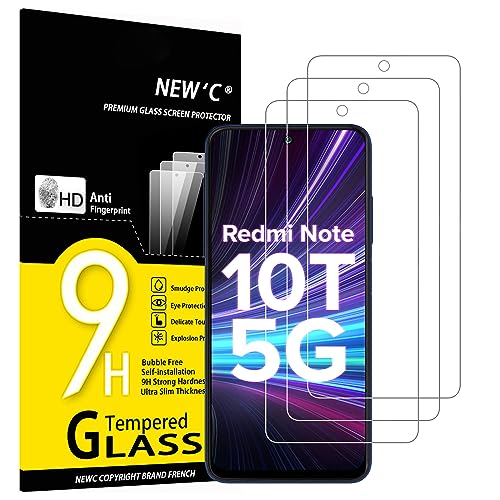 NEW'C 3 peças, protetor de ecrã para Xiaomi Redmi Note 10T 5G, vidro temperado, sem bolhas, dureza 9H, 0,33 mm ultra transparente, ultra resistente