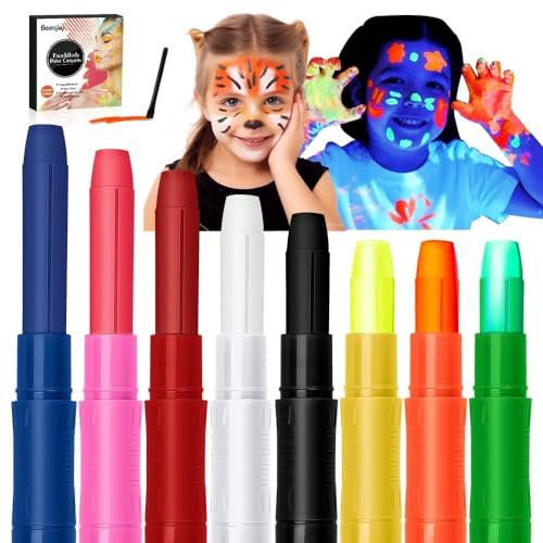 Beesjuy Tintas rosto para crianças, 8 cores (3 UV) pinturas para o rosto, sem oxica, lavável, pintura corporal grávidas, para disfarces, festas infantis, festas ou festivais de música (8 cores 3 UV)