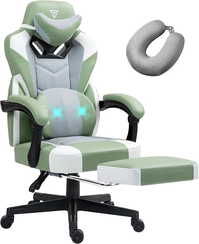 Vigosit Cadeira de jogos com apoio para os pés, cadeira de escritório de PC de malha com função de massagem, poltrona de jogos (verde branco)
