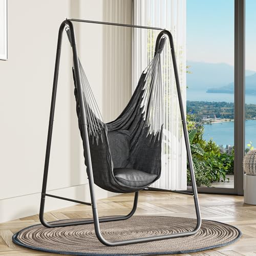YITAHOME Cadeira suspensa para exterior, 86 x 92 x 153 cm, armação de aço resistente, cadeira pendente com suporte, carga máxima. 150 kg cadeira balanço com 2 ganchos e 2 almofadas para jardim, Indoor