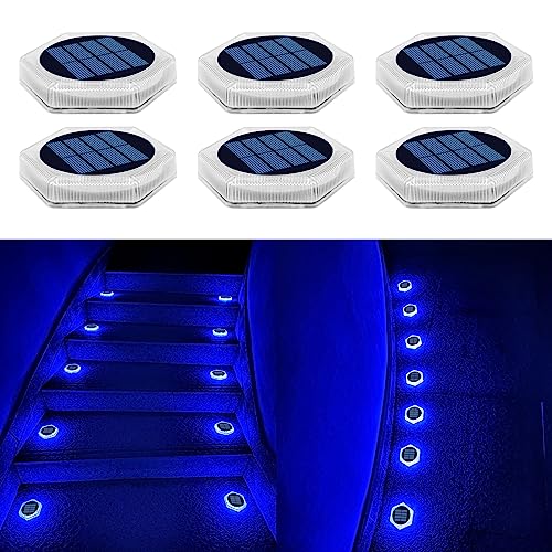 YiLaie Luzes Deck solares exteriores, candeeiro solar de jardim 24 LED 360 ° iluminação IP68 impermeável auto ON/OFF luzes solares escada para escadas de calçadas, jardins, luz azul-hexagonal(6