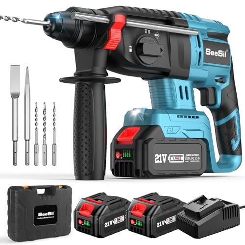 Seesii 3 - em 1 martelo perfurador a baterias: 2,5 J poderoso martelo percutor sem cabo com motor sem escova, 2 * 4,0 AH baterias e carregador, 5 peças SDS-plus, cabo anti-vibração, para bricolage