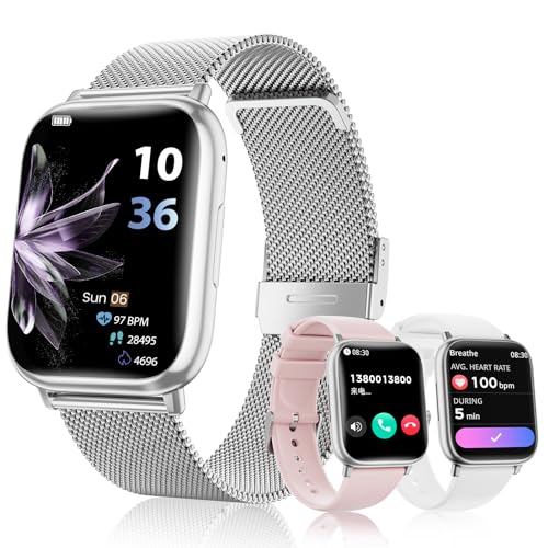 Relógio inteligente mulher com chamadas Bluetooth, 1,83" Smartwatch, com SpO2, pressão arterial, monitor de sono, podómetro, 100 modos desportivos, para Android iOS (Silvery)