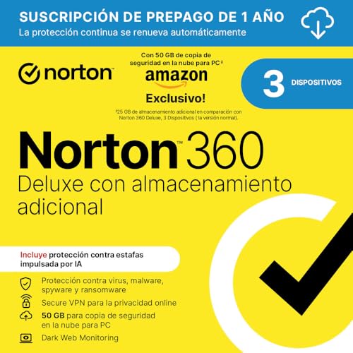 Norton 360 Deluxe Exclusivo Amazon*|Antivirus 3 Dispositivos|1 año con renovación automática| Descarga digital