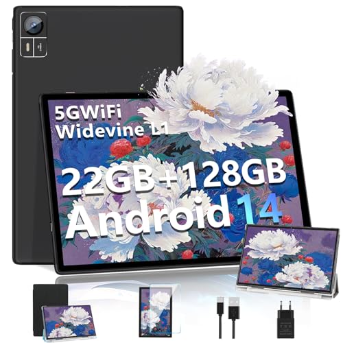 SUAAT Tablet 2025 Newest Android 14 tablet de 10 polegadas 22 GB RAM+128 GB ROM/1TB TF, Octa-Core, WiFi 5G, Bluetooth 5.0, 8000 mAh, GMS certificado, 8 MP + 5 MP, tablet PC com Capa - N Preto