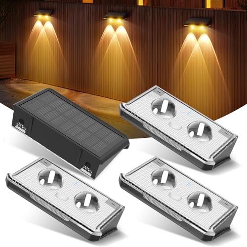UNBON Aplique parede solar exterior, 4 peças luzes solares exterior parede 3 cores IP65 candeeiros solares exteriores impermeáveis para pátio, parede de jardim, luz quente e luz branca 3000 K/4000 K