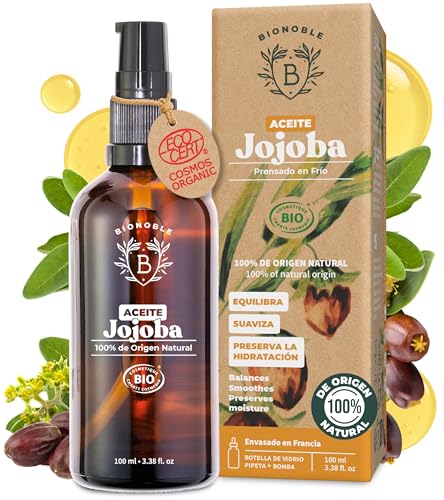 Bionoble Óleo de jojoba orgânico 100 ml, 100 % puro, natural e prensado a frio - rosto, corpo, cabelo, barba, unhas - Vegan e Cruelty Free - Jojoba Oil - Garrafa de vidro pipeta bomba