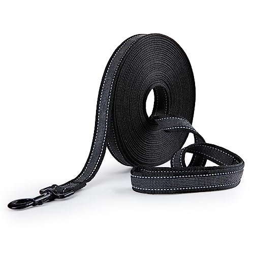 Toozey Trela para cão pequeno a grande e médio com borrachas antiderrapantes e tiras refletoras, 5 m 10 m 15 m 20 m trela longa para treino de cães, nylon suave e resistente, 10 m x 2,5 cm