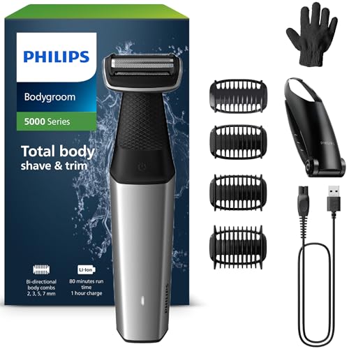 Philips BG5021/16 Bodygroom série 5000, com adaptador para as costas, impermeável, com 4 pentes - guia, 60 min de automonomia, preto/prata