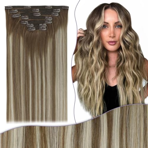 Fshine Extensões de cabelo natural 135G, 45 cm, 7 peças, Balayage, castanho a loiro platina, clipe de mulher Skin Weft Human Hair Extensões de cor 6 60 6